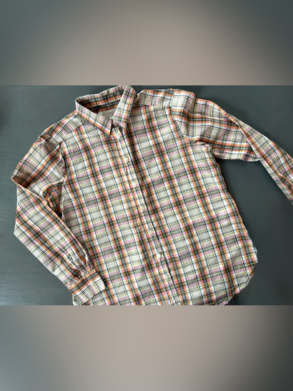 LOFT Pink, Orange, Green & Cream Plaid Button-Down Shirt